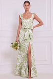 Dusty Blue Floral Mermaid Sweetheart Long Bridesmaid Dress with Bow