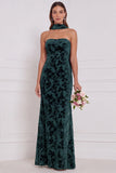 Espresso Burnout Velvet Strapless Sheath Long Bridesmaid Dress with Neck Scarf