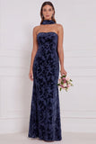 Espresso Burnout Velvet Strapless Sheath Long Bridesmaid Dress with Neck Scarf