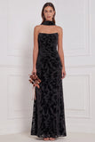 Black Sheath Strapless Ruched Burnout Velvet Long Bridesmaid Dress with Neck Scarf