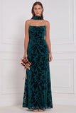 Black Sheath Strapless Ruched Burnout Velvet Long Bridesmaid Dress with Neck Scarf