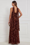 Black Sheath Strapless Ruched Burnout Velvet Long Bridesmaid Dress with Neck Scarf