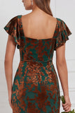 Brown Burnout Velvet Sheath Square Neck Flutter Sleeves Long Bridesmaid Dress with Side Slit