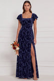 Brown Burnout Velvet Sheath Square Neck Flutter Sleeves Long Bridesmaid Dress with Side Slit