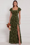 Brown Burnout Velvet Sheath Square Neck Flutter Sleeves Long Bridesmaid Dress with Side Slit