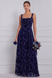 Brown Square Neck A-Line Ruched Burnout Velvet Long Bridesmaid Dress