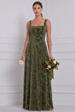 Brown Square Neck A-Line Ruched Burnout Velvet Long Bridesmaid Dress