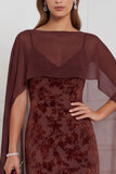 Black Burnout Velvet Sheath V-Neck Long Bridesmaid Dress with Cape