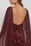Black Burnout Velvet Sheath V-Neck Long Bridesmaid Dress with Cape