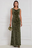 Olive Sheath Cowl Neck Burnout Velvet Long Bridesmaid Dress