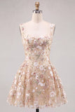 Apricot A-Line Sweetheart Floral Short Homecoming Dress with Sequins