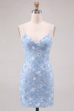 Sparkly Light Blue Bodycon Floral Short Homecoming Dress with Sequins
