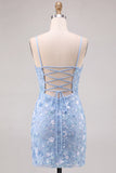 Sparkly Light Blue Bodycon Floral Short Homecoming Dress with Sequins