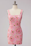 Pink Bodycon Square Neck Floral Short Homecoming Dress with Appliques