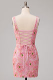 Pink Bodycon Square Neck Floral Short Homecoming Dress with Appliques