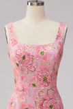 Pink Bodycon Square Neck Floral Short Homecoming Dress with Appliques