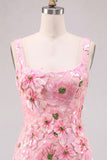 Pink Bodycon Square Neck Floral Short Homecoming Dress with Appliques