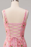 Pink Bodycon Square Neck Floral Short Homecoming Dress with Appliques