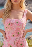 Pink Bodycon Square Neck Floral Short Homecoming Dress with Appliques
