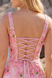 Pink Bodycon Square Neck Floral Short Homecoming Dress with Appliques