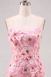Pink Bodycon Strapless Floral Short Homecoming Dress
