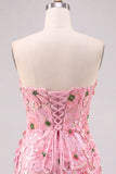 Pink Bodycon Strapless Floral Short Homecoming Dress