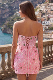 Pink Bodycon Strapless Floral Short Homecoming Dress