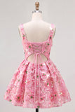 Pink A-Line Square Neck Floral Short Homecoming Dress with Sequins