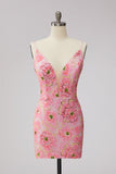 Pink V-Neck Floral Short Tight Homecoming Dress with Lace Up Back