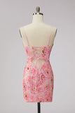 Pink V-Neck Floral Short Tight Homecoming Dress with Lace Up Back