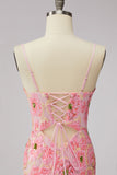 Pink V-Neck Floral Short Tight Homecoming Dress with Lace Up Back