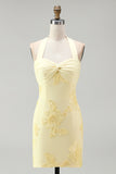 Daffodil Tight Halter Ruched Short Homecoming Dress with Floral Embroidery