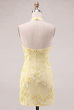 Daffodil Tight Halter Ruched Short Homecoming Dress with Floral Embroidery