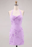 Daffodil Tight Halter Ruched Short Homecoming Dress with Floral Embroidery