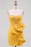 Yellow Bodycon Pearl Trim Corset Short Homecoming Dress with Side Bow Detail