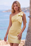 Yellow Satin One-Shoulder Short Homecoming Dress with Bow Detail