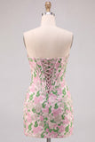 Floral Pink Strapless Jacquard Bodycon Corset Mini Homecoming Dress