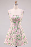 A-Line Floral Brocade Pearl Straps Short Homecoming Dress with Big Back Bow