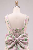 A-Line Floral Brocade Pearl Straps Short Homecoming Dress with Big Back Bow