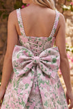 A-Line Floral Brocade Pearl Straps Short Homecoming Dress with Big Back Bow