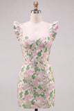 Floral Pink Jacquard Flutter Sleeves Bodycon Mini Homecoming Dress