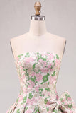 Pink A-Line Strapless Floral Jacquard Short Homecoming Dress with Bow