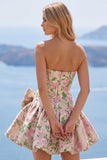 Pink A-Line Strapless Floral Jacquard Short Homecoming Dress with Bow