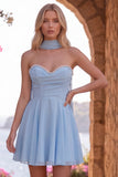 Yellow A-Line Pearl Trim Strapless Chiffon Short Homecoming Dress with Scarf