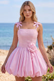 Pink A-Line Pearl 3D Flower Ruffle Hem Short Homecoming Dress with Bow