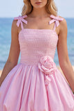 Pink A-Line Pearl 3D Flower Ruffle Hem Short Homecoming Dress with Bow