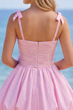 Pink A-Line Pearl 3D Flower Ruffle Hem Short Homecoming Dress with Bow