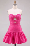 Fuchsia Strapless Cut Out A-Line Beaded Short Homecoming Dress with Ruffle Hem