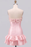 Pink Beaded Pearl Strapless A-Line Tiered Short Homecoming Dress with Ruffles