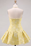 Butter Yellow Floral Jacquard Halter Short Homecoming Dress with Pearl Embellishments